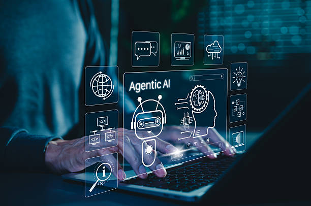 istock Agentic AI Technology for Intelligent Digital Automation Systems. Man using laptop with robot, brain, agentic AI icons, advanced artificial intelligence, automation, intelligent solutions, modern tech, Chatbot, Chat AI, AI Assistant, AI agent, 2224818945