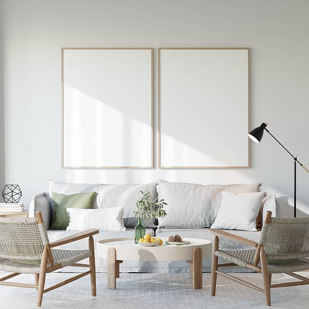 istock Minimalist Living Room Interior with White Sofa and Poster Frame Mockup - 3d Render 2224822884