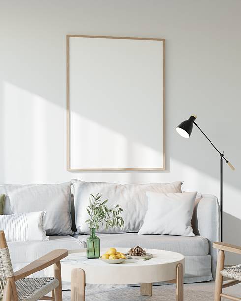istock Minimalist Living Room Interior with White Sofa and Poster Frame Mockup - 3d Render 2224822896