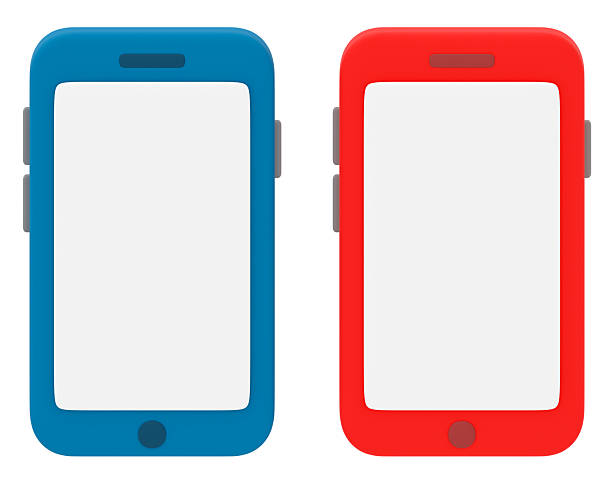 This 3D illustration features a cute, icon-style set of blue and red smartphones.