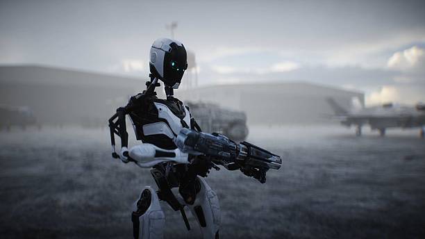 istock Futuristic military base with robots and aerial ship. 3d rendering. 2224835253