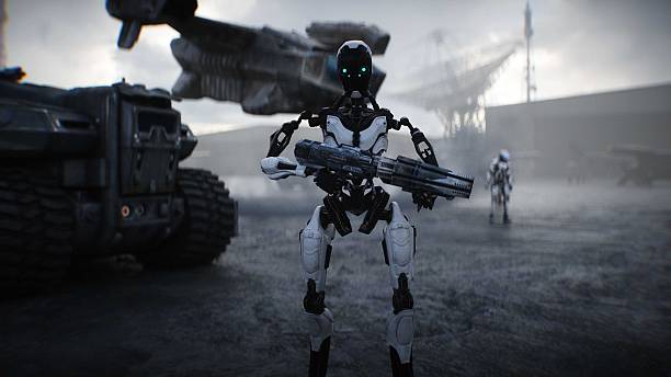 istock Futuristic military base with robots and aerial ship. 3d rendering. 2224836668
