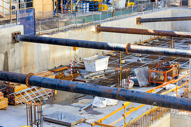 Closeup construction site of apartment building, full frame horizontal composition
