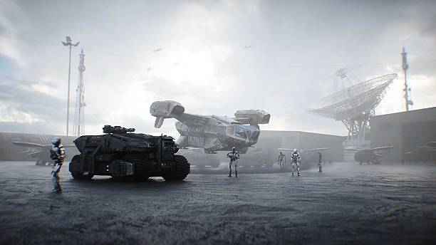 istock Futuristic military base with robots and aerial ship. 3d rendering. 2224837638