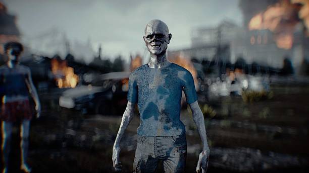 Zombie in apocalyptic burning city. Armageddon. 3d rendering