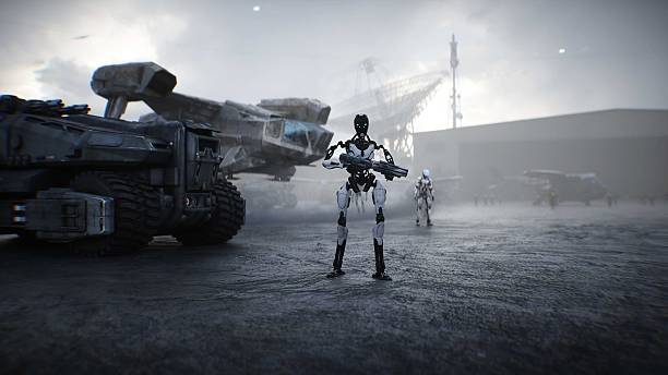 istock Futuristic military base with robots and aerial ship. 3d rendering. 2224838335