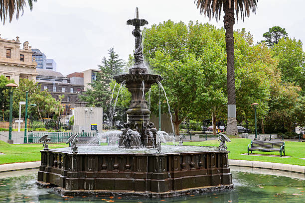 View of the Stanford Fountain, a historical bluestone fountain built in 1871 and located in Gordon Reserve in Melbourne, Victoria, Australia