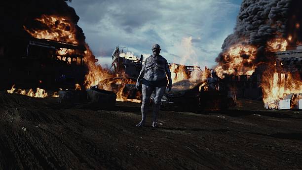 istock Zombie in apocalyptic burning city. Armageddon. 3d rendering. 2224839556