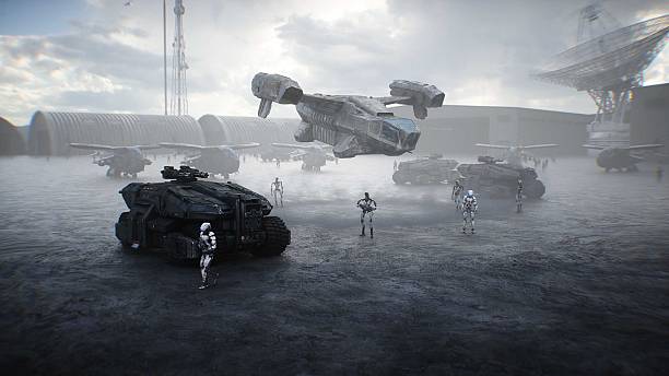 istock Futuristic military base with robots and aerial ship. 3d rendering. 2224839574