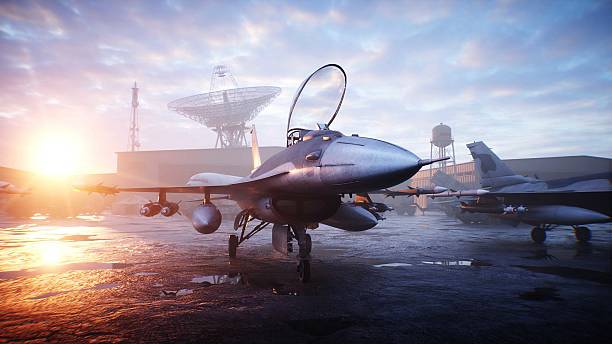 istock Military american base. American fighter jet. 3d rendering. 2224839605