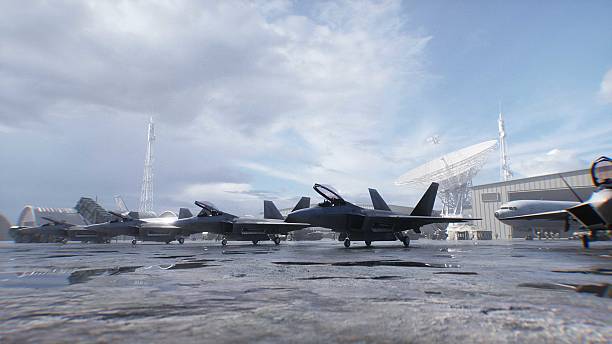 istock Military american base. American fighter jet. 3d rendering. 2224840230