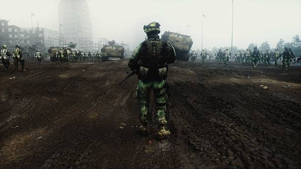istock Soldier with gun in in a ruined city. 3d rendering. 2224840304