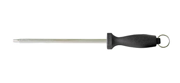 istock A sharpening steel or honing steel with black handle isolated on white background with clipping path 2224845116