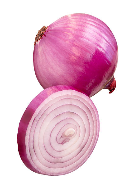istock Single fresh peeled red or purple Spanish onion bulb with one onion slice in circle in stack is isolated on white background with clipping path. 2224846706