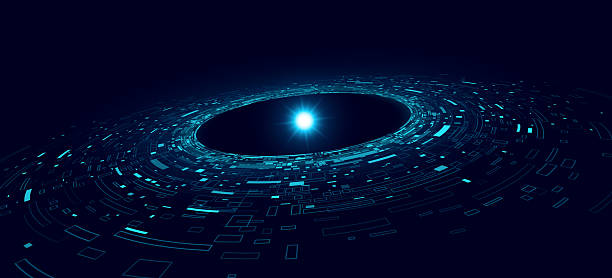 istock Futuristic circular rings with glowing energy core or atom surrounded by geometric shapes and scattered big data blocks. Abstract technology design for AI projects and virtual networks. Vector. 2224860304