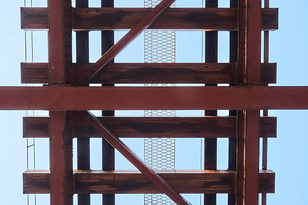 Wooden planks and steel beams on railway bridge