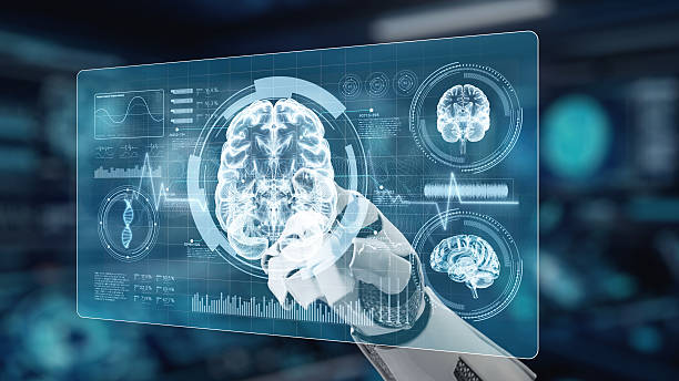 istock Close up of robotic hand pointing and tapping at brain hologram. Salubrious. 2224868749