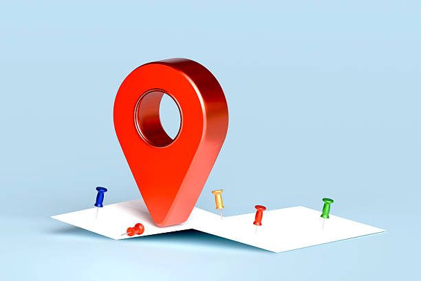 istock 3D Red pin on map with location symbol on blue background 2224870728