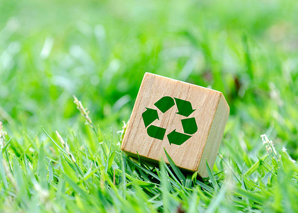 istock Wooden cube with recycle icon lying flat on grass. Recycling visual concept 2224877311