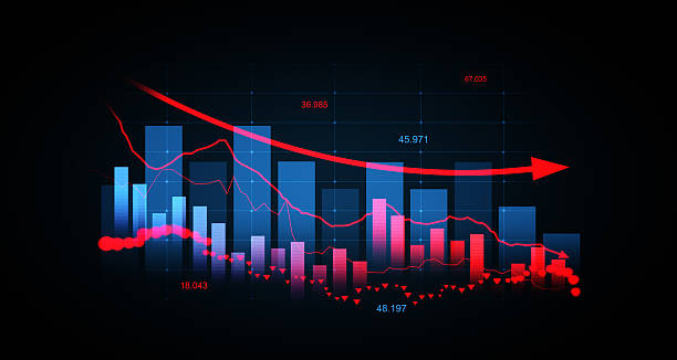istock 3D rendering of financial stock market crash with downward red arrow and data visualization on dark background representing economic recession concept. 3D Rendering 2224877922