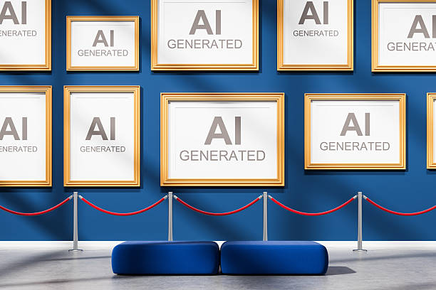 Gallery interior with AI-generated art concept displayed in golden frames on blue wall, red ropes and bench in foreground, modern museum setting. 3D Rendering
