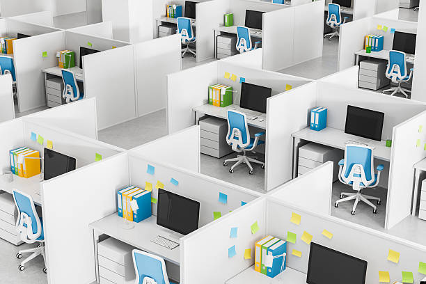 istock Modern office cubicle layout with white desks, blue chairs, and colorful folders showcasing organized workspace concept and design efficiency. 3D Rendering 2224878018