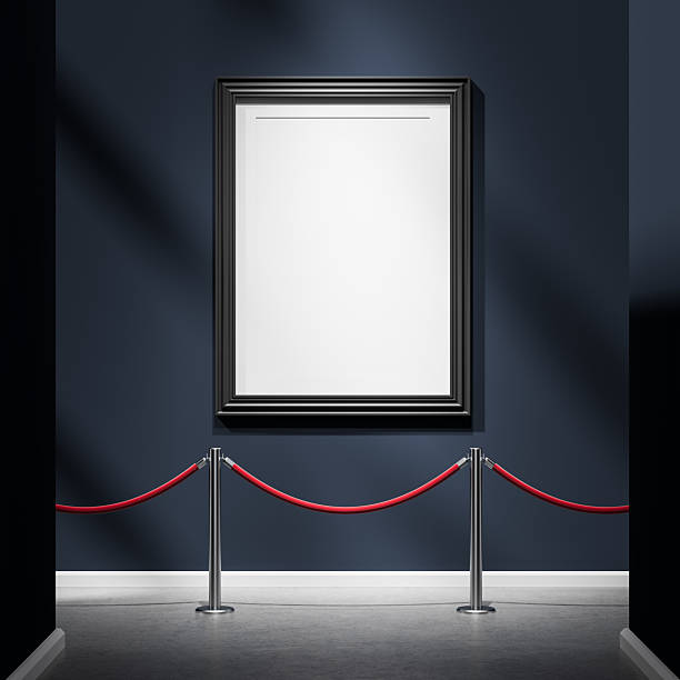 istock Empty art frame mockup displayed in dark modern museum gallery with red velvet rope barrier on polished floor and dramatic lighting for concept display. 3D Rendering 2224878238