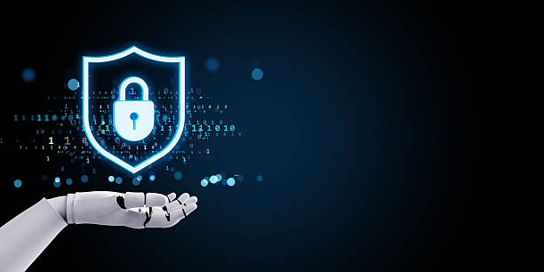 istock Futuristic robotic hand holding digital hologram padlock symbolizing cyber security and data protection on dark abstract background. 3D Rendering 2224880744