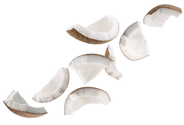 istock Pieces of coconut fly in space forming a strange shape. Isolated on white 2224880915