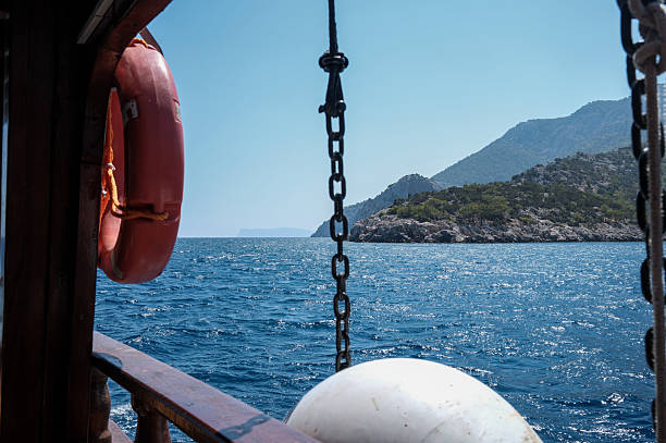 Scenic view from a traditional wooden boat during a Mediterranean cruise along the coast of Turkey. The image shows the deep blue sea, pine-covered cliffs, and a bright lifebuoy on the deck railing — capturing the essence of sea travel and relaxation. Perfect for tourism, maritime experiences, and summer adventures.