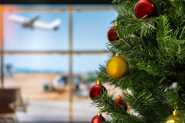 airport location with a decorated Christmas Tree