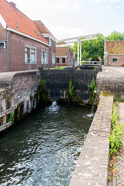 Drawbridge and the very old sluice in the IJe, a small stream in the old town of Edam along the IJsselmeer in The Netherlands. Edam is famous for its cheese.
