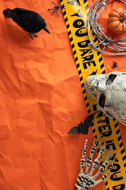 istock Festive Halloween vertical setup with themed props including skeleton hand, skull, spider, and crow on a textured orange background to celebrate traditional Halloween visuals and atmosphere 2224893408