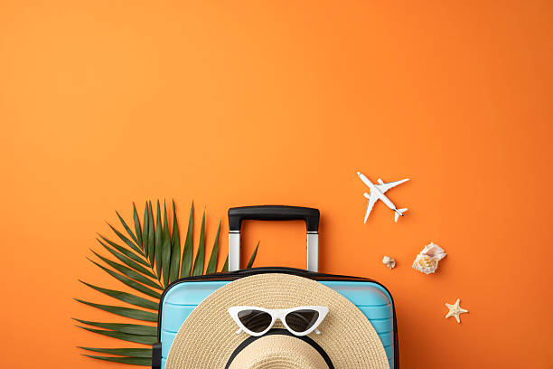 istock Essential travel accessories include a suitcase, hat, sunglasses, and tropical decorations, perfect for planning beach vacations. Flat lay captures a summer travel concept 2224893423