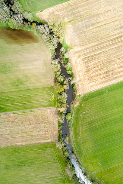istock aerial top down view of agricultural fields and a winding river 2224894063