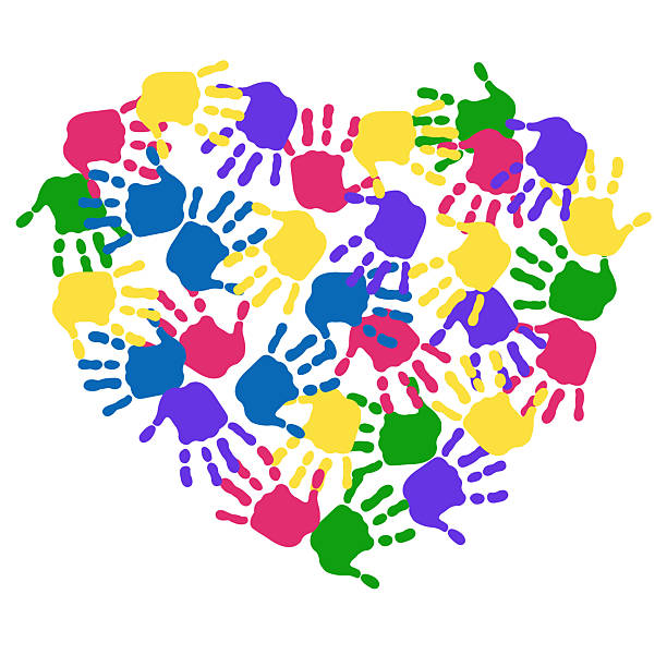 istock Multicolored hands in the shape of a heart on a white background, handprints, hands in paint, heart, palms 2224894988