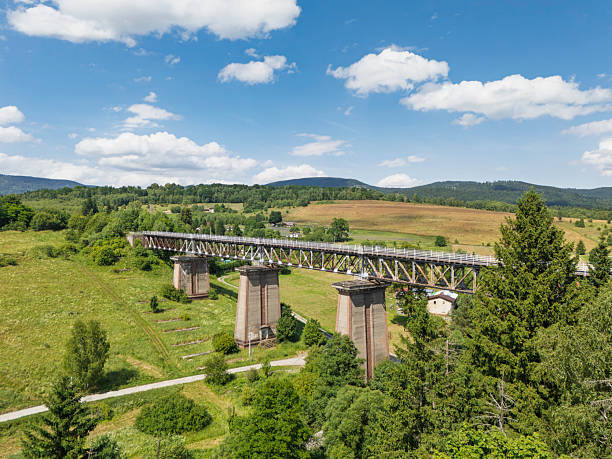 istock Rail bridge spans lush green valley under clear blue sky showcasing modern infrastructure and natural beauty in rural landscape 2224895404
