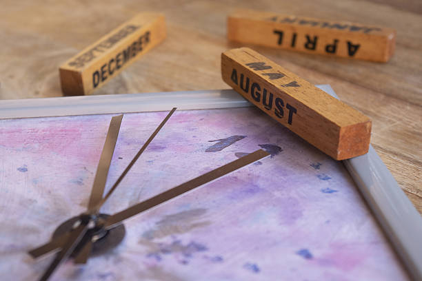 a creative blend of wooden month blocks and clock hands on a calendar background, symbolizing time