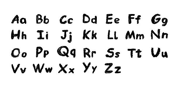 istock English alphabet hand-drawn in a crayon. Capital and lowercase black letters in chalk, pastel, or wax style. Highlighter effect on board for kindergarten drawing and learning. Vector illustration 2224896275