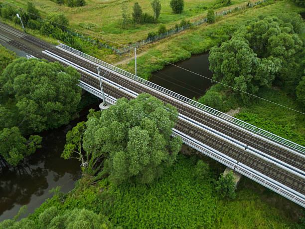 A railway bridge connects two sides of a green landscape, featuring a flowing creek below. Tracks are visible, highlighting the importance of rail infrastructure.