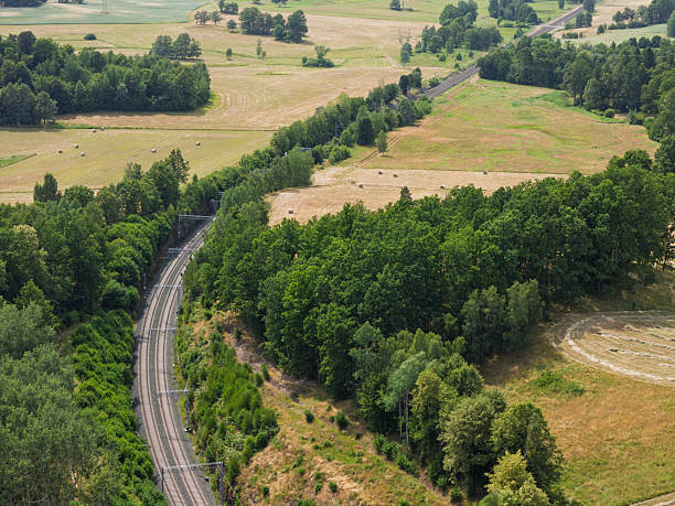A winding railway track is visible amidst vibrant greenery and vast fields in the countryside, showcasing the beauty of rail travel through natural landscapes in pleasant weather.