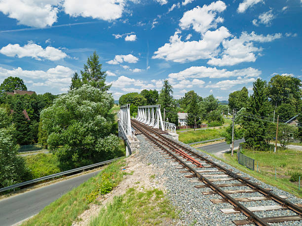A white rail bridge stretches over a track surrounded by trees and grass, highlighting the harmony between rail travel infrastructure and natural beauty on a bright, sunny day.