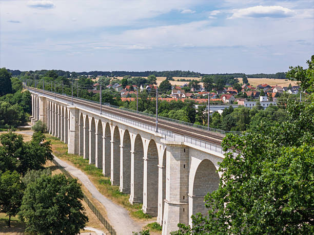 A massive stone viaduct supports a railway, arching gracefully across a green valley. Surrounding fields and homes add to the tranquil vibe in this picturesque setting.