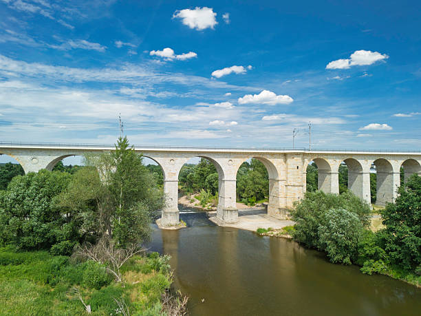 A large railway viaduct arches gracefully over a serene river, surrounded by verdant trees and grass.
