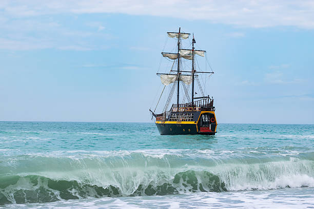 Dubrovnik, Croatia - June 13, 2010: Wooden Medieval Pirate Ship Tirena Replica Cruising at Adriatic Sea.