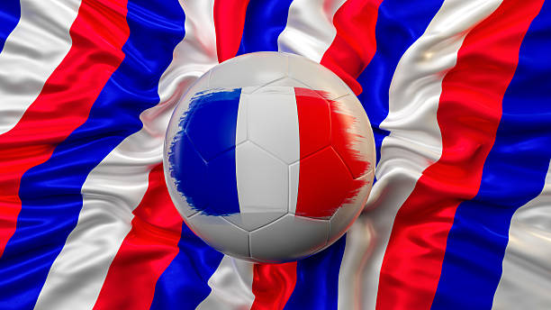 A soccer ball with the French flag painted on it rests on a silky, striped fabric in the national colors of blue, white, and red. This vibrant and patriotic image captures the passion and pride of French football. It's a perfect visual for international soccer tournaments, celebrating the French national team, and showcasing the country's rich sporting culture. The dynamic folds of the fabric add a sense of motion and excitement, making it an ideal graphic for any sports-related content.