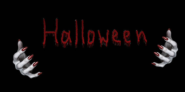 Bony pale witch hands with sharp long red nails and lettering Halloween between them, isolated on black. Symbol, holiday, witchcraft, evil, demon, spell and horror concept.
