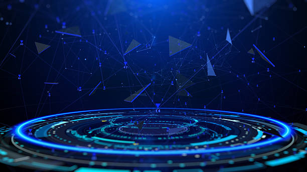 istock HUD GUI hologram circle rotating with data flowing connection technology system. Futuristic digital network processing information illustration. 2224912129