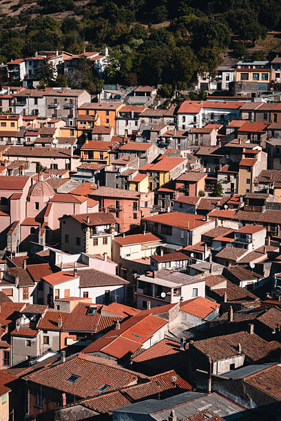 Aerial view over traditional town and hills, Sicily