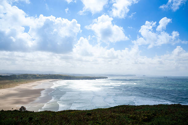 Spectacular natural landscape in north of Spain, Asturias. Green coastline of Spain. High cliff. Turquoise water.  Waves breaking on the rock. Famous travel destination.